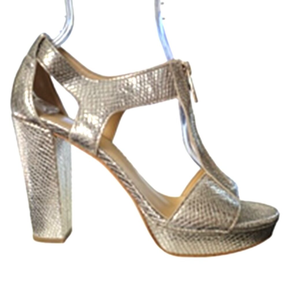 Michael Kors Women 8.5 Berkley Gold Leather T-Strap Zipper Platform Sandal Heels - Picture 3 of 11